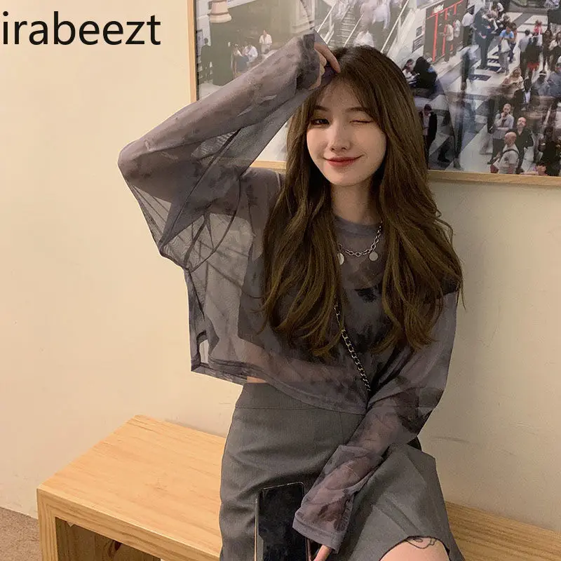 

Солнцезащитная одежда, Женский Летний Тонкий свободный нишевой сетчатый топ, новинка 2024, модная футболка с длинным рукавом и завязкой