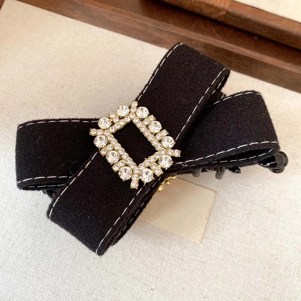 

Hair Accessories Elegant Bow Banana Clip Plastic Square Rhinestone Women Vertical Clip Hairpins Polyester Ponytail Holder Daily