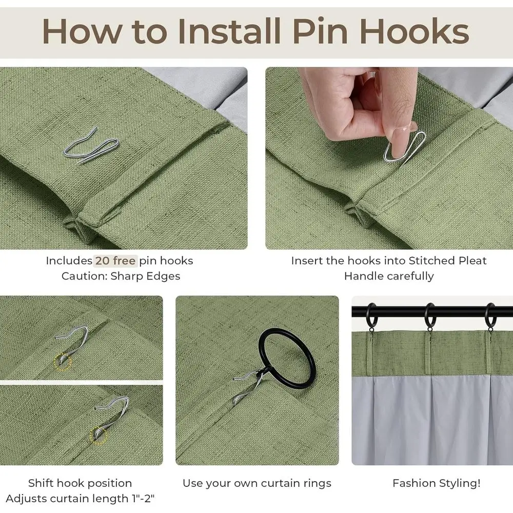 リネン混紡100%遮光カーテン、40x90、20個のフック、2枚セット、セージグリーン、寝室とリビングルーム用