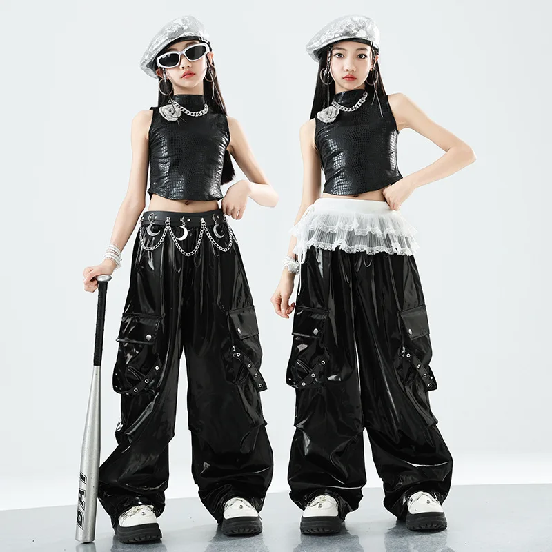 

Kids Girls Jazz Dance Costume Black Net Tops Leather Pants Kids Hip Hop Performance Clothes Kpop Modern Dance Stage Wear