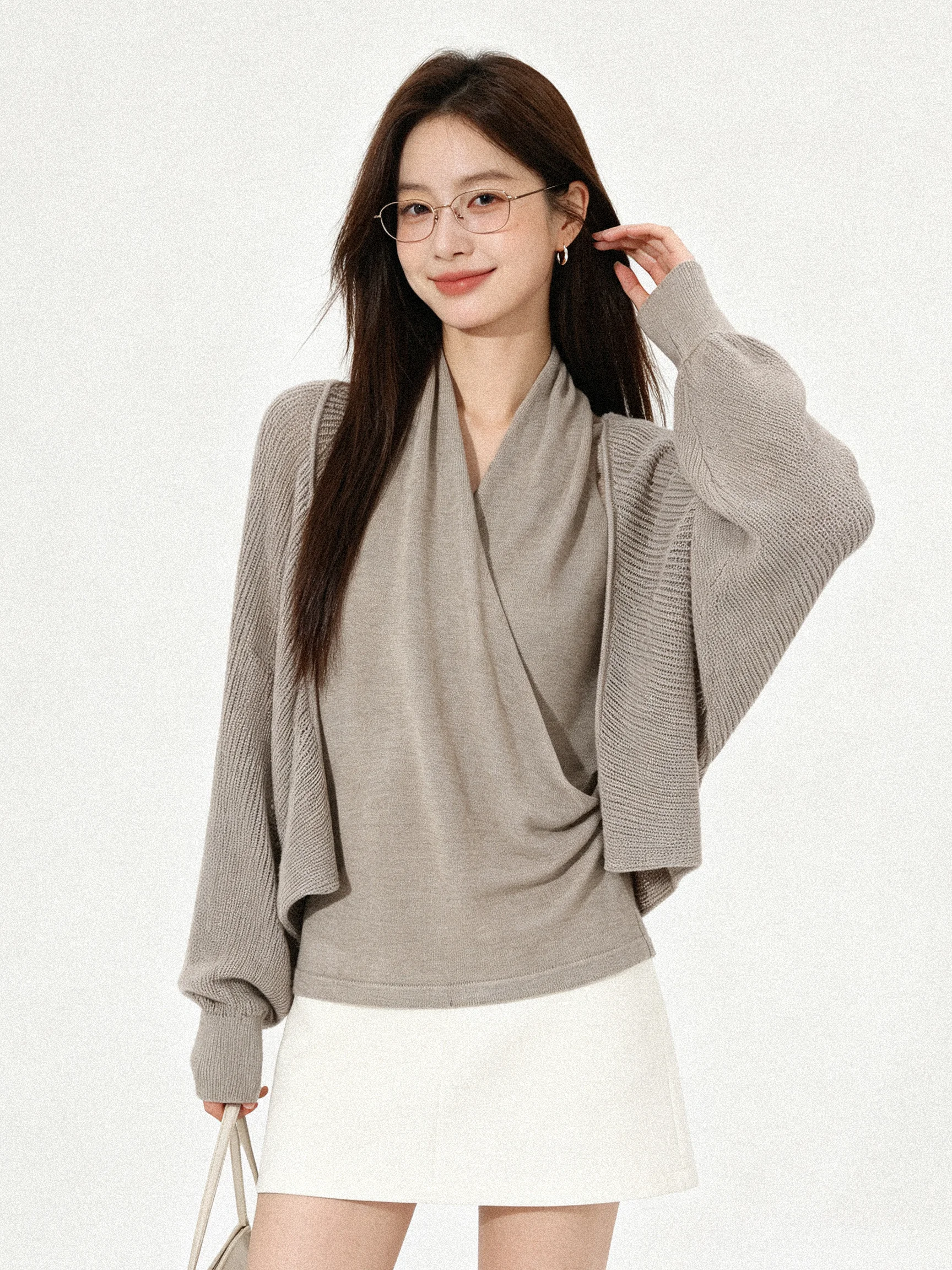 Cross V-Neck Hollow out Batwing Sleeve Knitted Set Casual Style Short Length Breathable Women's Fashion Autumn Wear