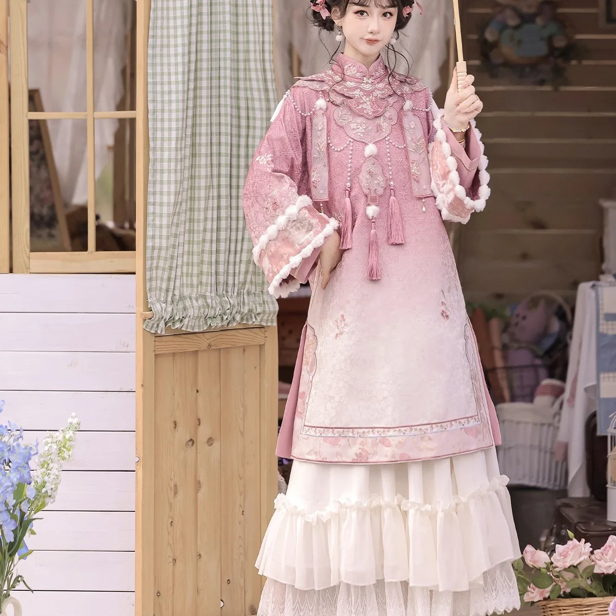 

Оригинальный женский костюм Hanfu с персиковым туманом и цветком дождя, новое платье Лолиты в китайском стиле, Cheongsam, весенне-осенний комплект с юбкой на плечо с облаком