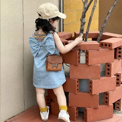 Baby Girl Dress with big bow-knot comfy soft jean Girls dress toddler girl butterfly dress letter pattern print denim dress
