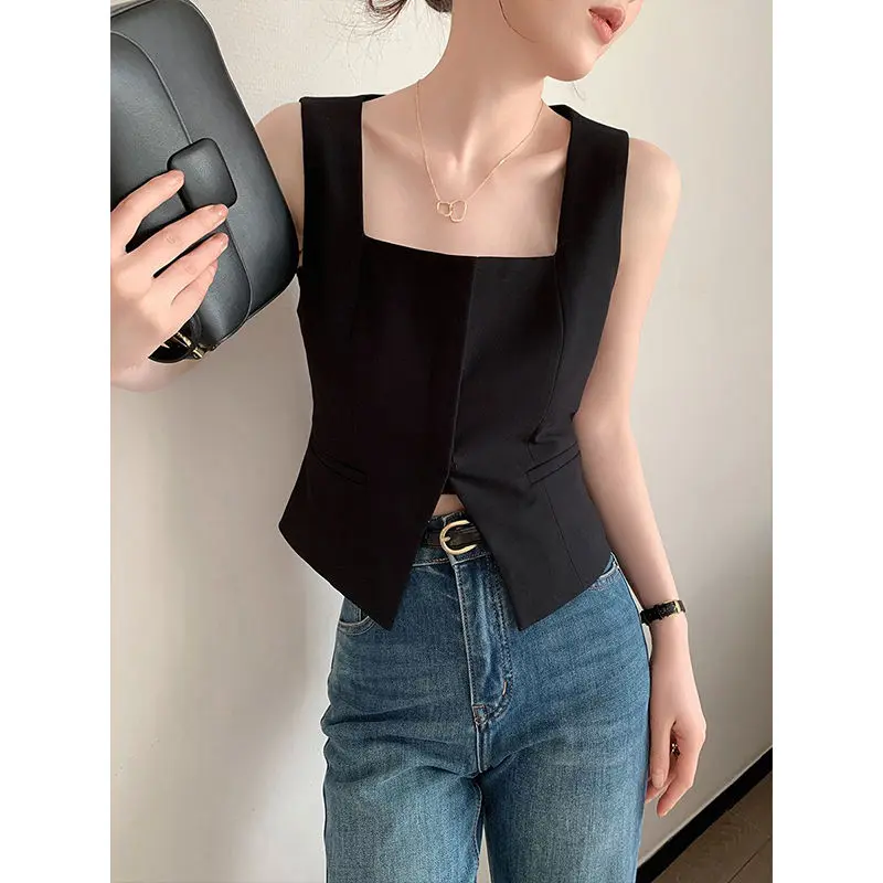 Black Square Neck Sleeveless Vest Women's Summer Fashion New Hollow Out Slit Hem Sexy Tanks Tops Temperament Elegant Clothing