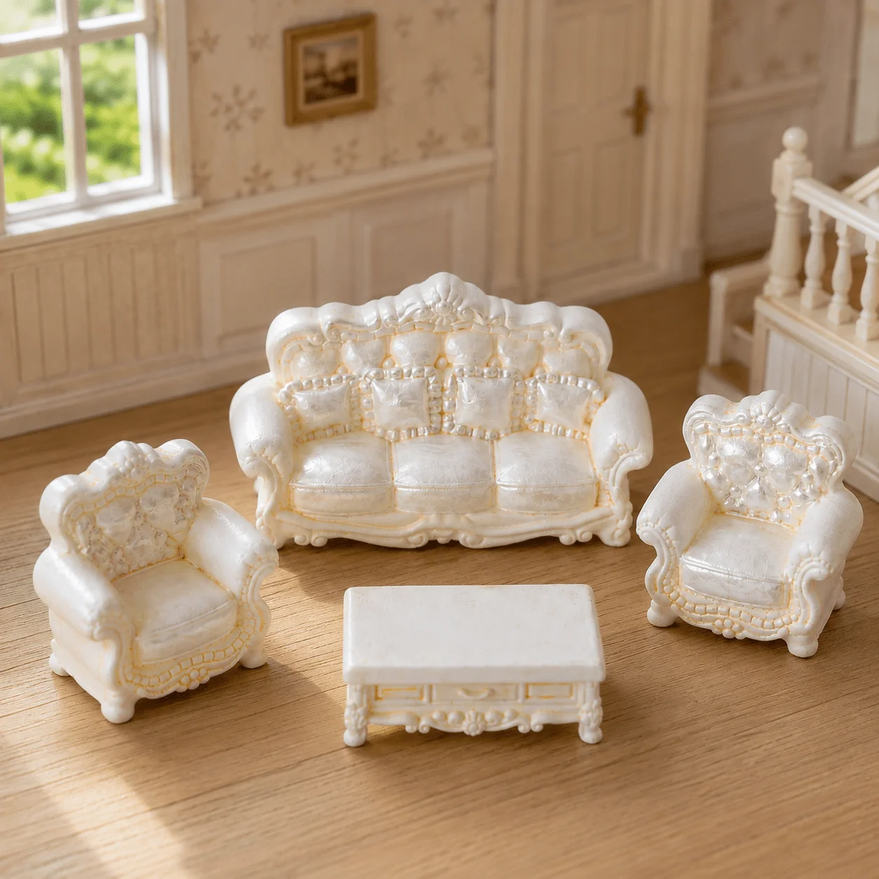 4pcs Vintage Style Miniature Model Sofa Furniture Set, Mini Couch Armchair Coffee Table Ornament,Carved Mini Living Room Decor