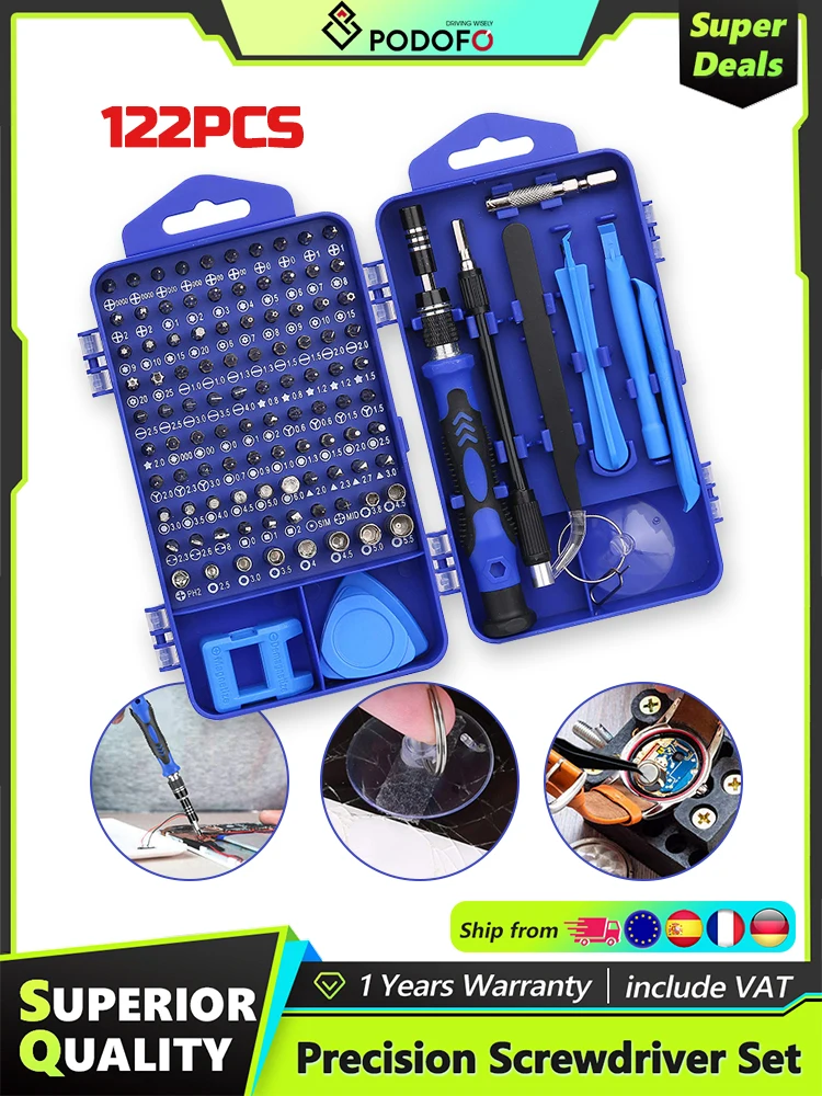 Podofo 122-in-1 Blaues Präzisions-Schraubendreher-Set Multifunktionales Elektronik-Reparaturwerkzeug-Set Magnetischer Torx mit Elektrischem Demontageschlüssel Reparaturwerkzeuge für Telefon und PC