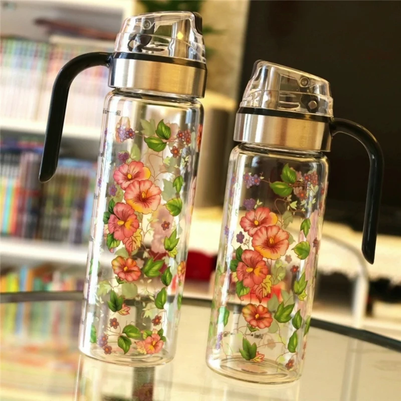 Glass Oil Bottle Home Kitchen Storage & Organization Retro Flower Automatic Opening and Closing Ceasoning Bottle Container