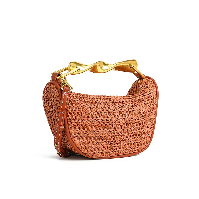 

Brand Women's Clutch Bag Metal Handle Mini Crossbody Chain Zipper Braided Bag Exquisite Hand-rattan Purse Half-moon Beach Bags