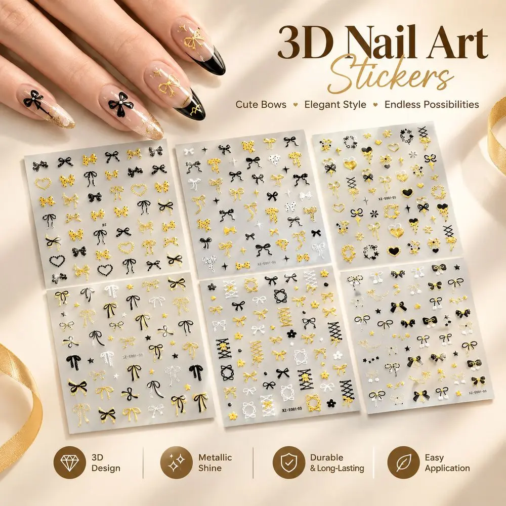 6Pcs Metal Embossed Nail Decals Black Gold Bow Chain Motif Nail Stickers For Party Art DIY Nail Embellishments