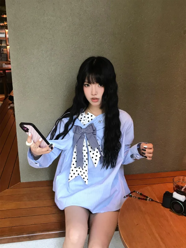 

Mint Peach Auntie Autumn Winter Blue Striped Patchwork Polka Dot Bow Tie Loose Long Sleeve Shirt Young Looking Girl's Hanfu