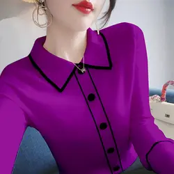 Fashion Lapel Spliced Button All-match Knitted Blouse Women's Clothing 2022 Autumn New Casual Pullovers Loose Office Lady Shirt