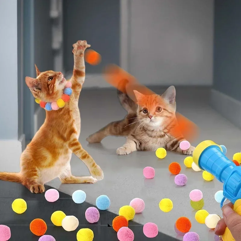 Kattenspeelgoed Interactief lanceertrainingsspeelgoed voor huisdier Kitten Creatieve mini-opnamepistool Games Stretch pluche balspeelgoed Dierbenodigdheden