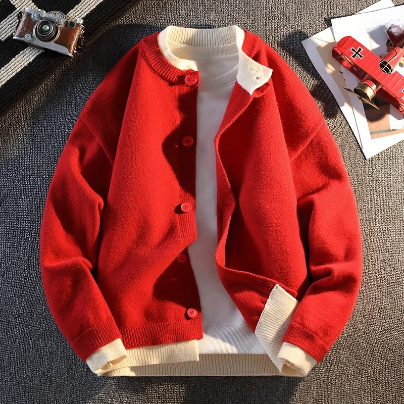 

Весенний модный повседневный вязаный свитер-кардиган для мужчин: качественный, простой, универсальный, имитация двухслойности, дышащий, теплый