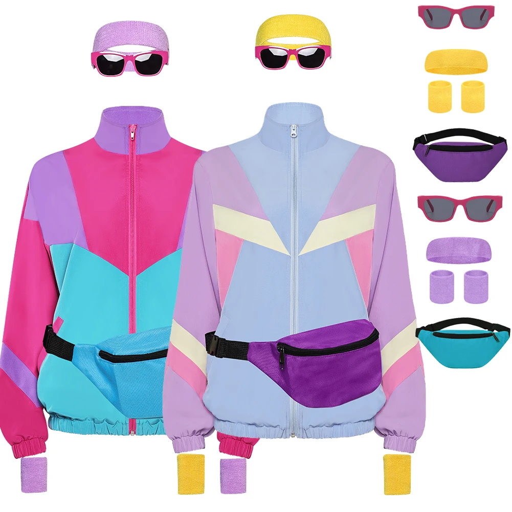 

6Pcs/Set Retro 80S Fantasia Tracksuits Cosplay Costume Coat jacket Disguise For Women Men Adult Halloween Carnival Party Suit