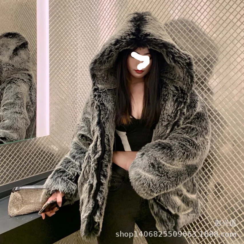 High Quality Women Fur Down Jacket Winter Gradient Big Fur Trim Hood Female Eco Fur Coat Thick Temperament Lady Warm Fur Coat