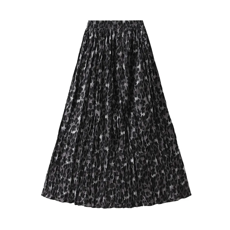 Wrinkled leopard print midi skirt, mid to long, autumn and winter pleated temperament, A-line high waist hanging feeling, big s