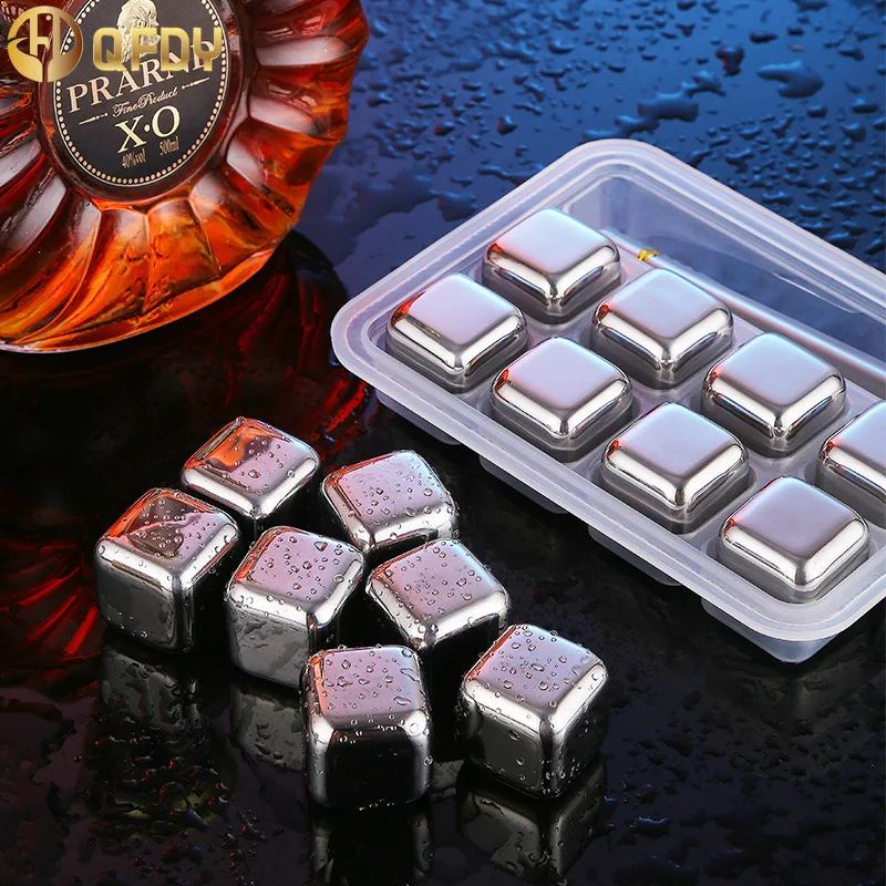 4/8/12pcs Stainless Steel Ice Cubes Set Juice Beer Wine Whisky Cooler Rocks Food Grade Reusable Cooling Cube Home Party BarTools