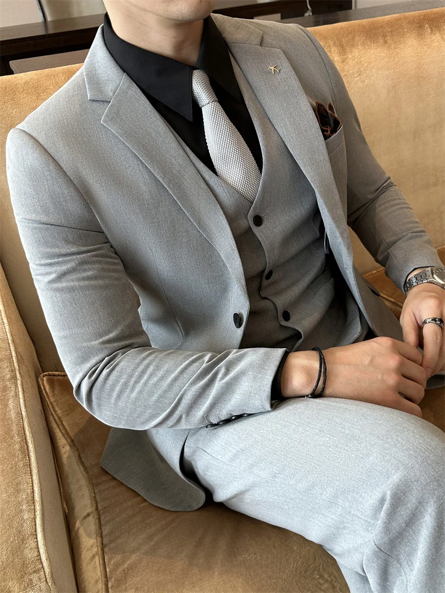 H171 Business casual solid color temperament dress three-piece suit formal suit jacket double-breasted suit suit men