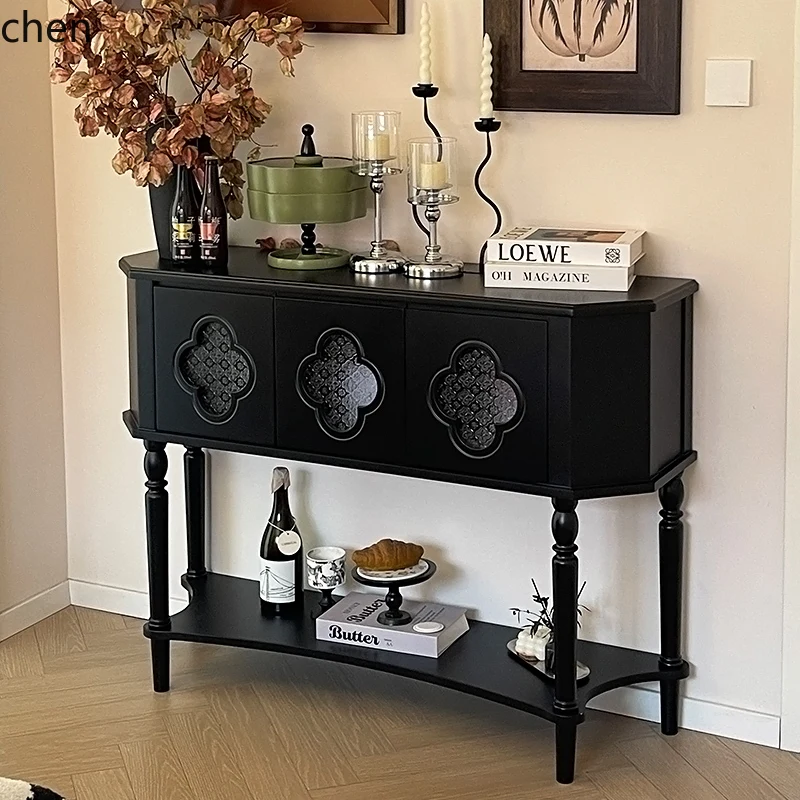 ZC retro solid wood porch cabinet, antique black decorative display cabinet against the wall in the entrance hall