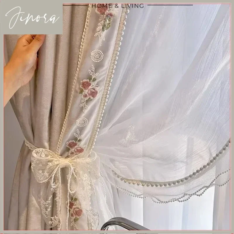 Lace Embroidery Pearl Luxury Curtains For Living Room Bedroom Dining Blackout White Tulle Custom French Romantic Cream Vintage