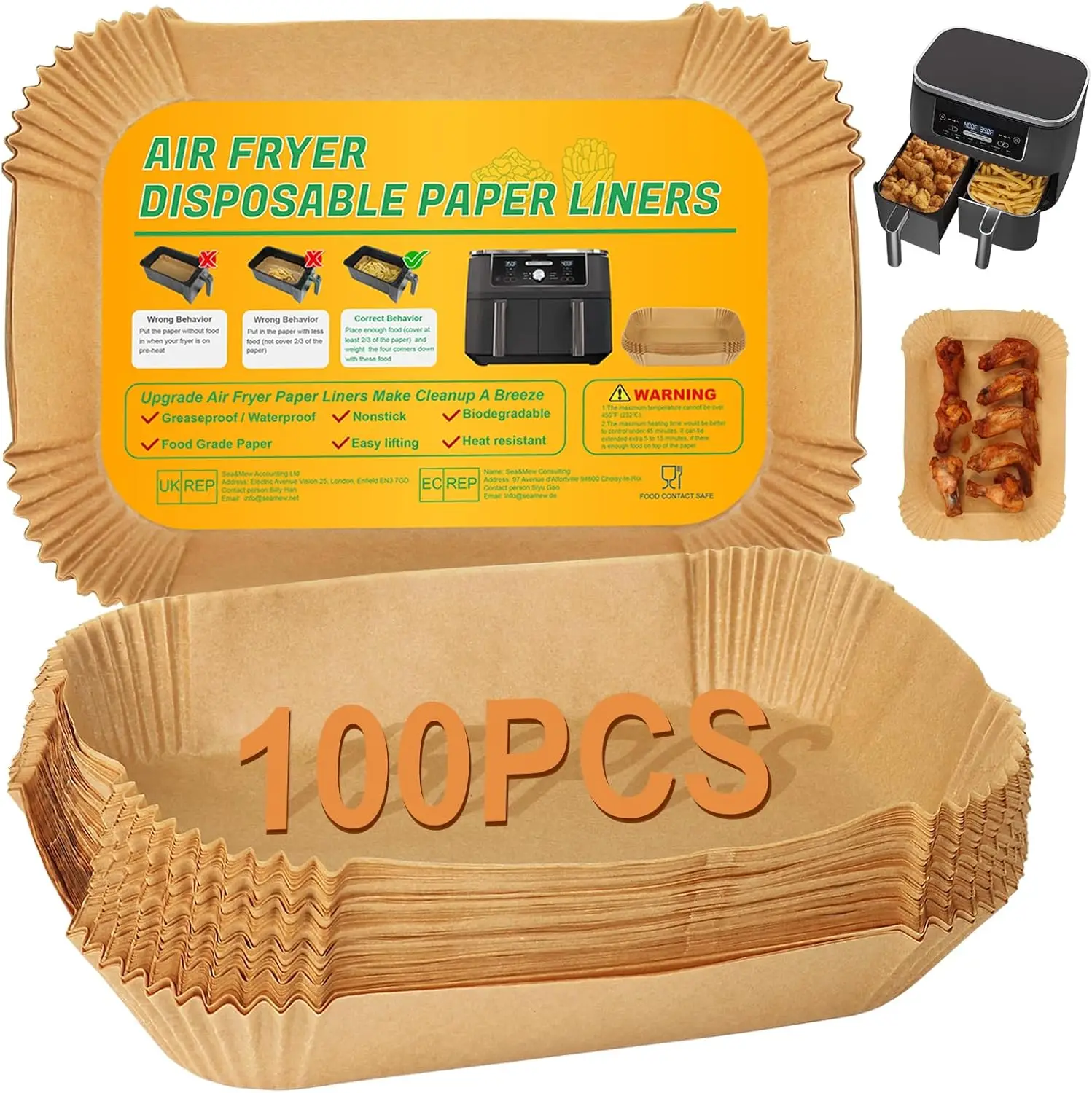 100PCS Rectangle Air Fryer Paper Liners for Ninja Dual & More, Disposable Parchment Sheets