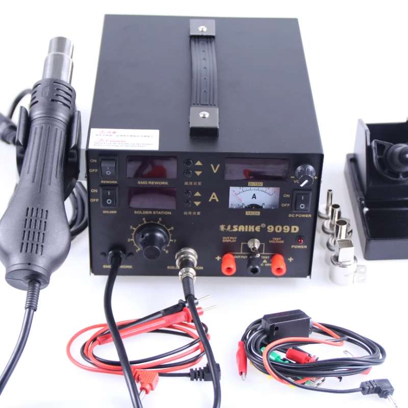 

110V or 220V Saike 909D 3 in 1 Heat Air Gun Solder Iron Soldering Station + Power Supply