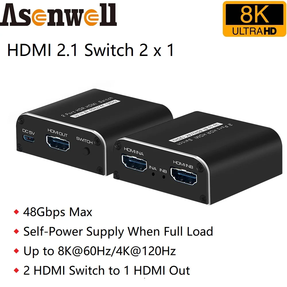 

HDMI переключатель 8K 2x1 4K @ 120 Гц 8K @ 60 Гц HDMI-совместимый переключатель 8K HDMI 2x1 двухсторонний переключатель адаптер сплиттер 1x2 для PS5 8K телевизор