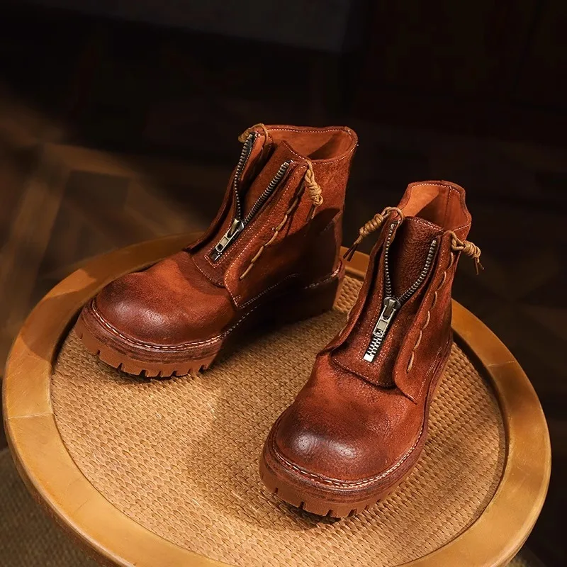 Men's Shoes Handmade Genuine Leather Thick Sole Cowhide Desert Motorcycle Outdoor Western Boots Male Work High Top Boots Youth