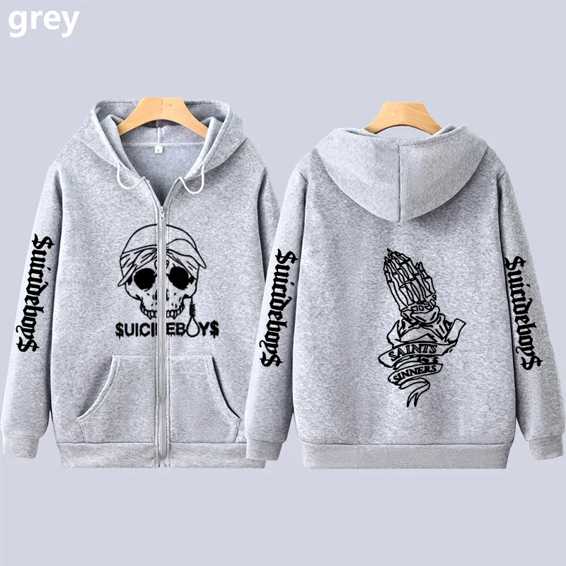 Grey Day Trip New, felpa oversize in pile sciolto a maniche lunghe stampata in stile 2000, felpa con cappuccio con Zip intera per ragazzi Suicideboys, gotico