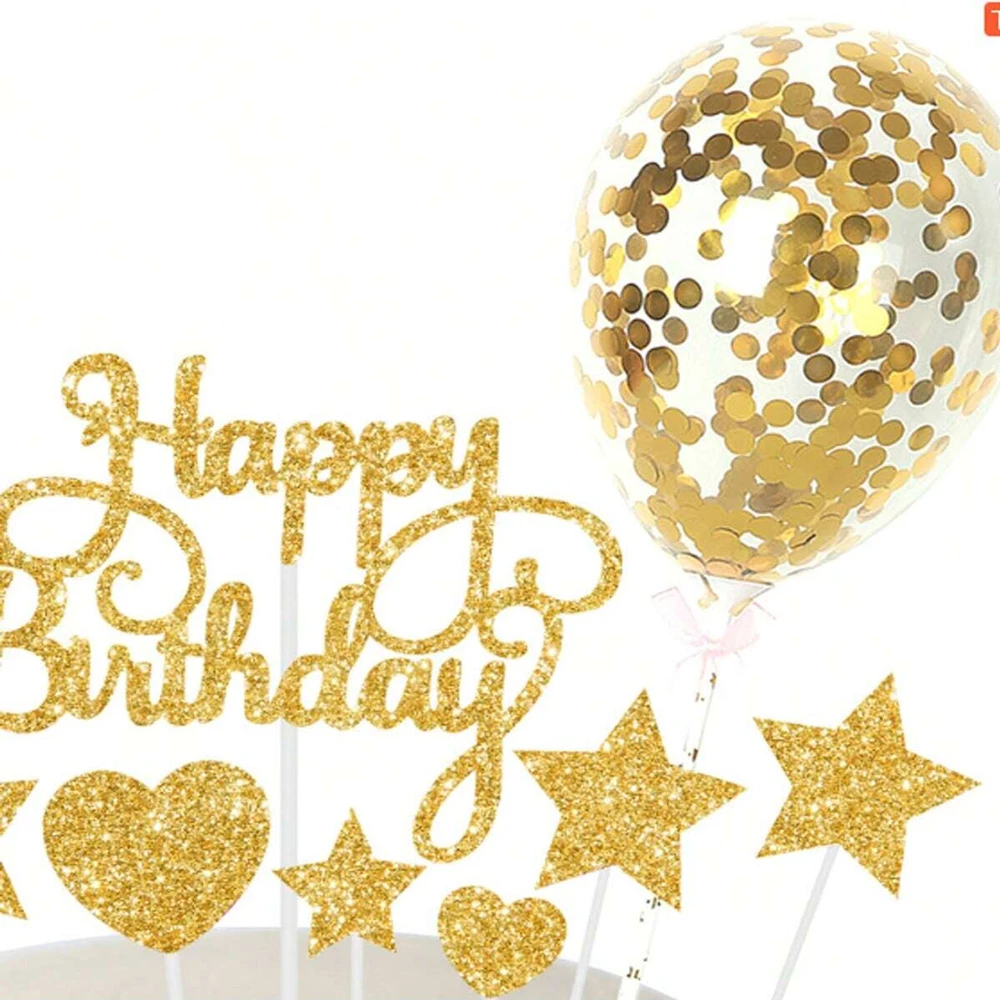 14Pcs/set Happy Birthday Cake Toppers DIY Balloon Cake Decor Star Heart Cupcake Flag for Birthday Party Dessert Decor Baking Sup