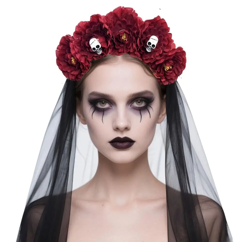 

Long Ribbon Veil Halloween Hair Band Skull Design Black Veil Flowers Headdress Floral Red Rose Gothic Head Hoop Costume