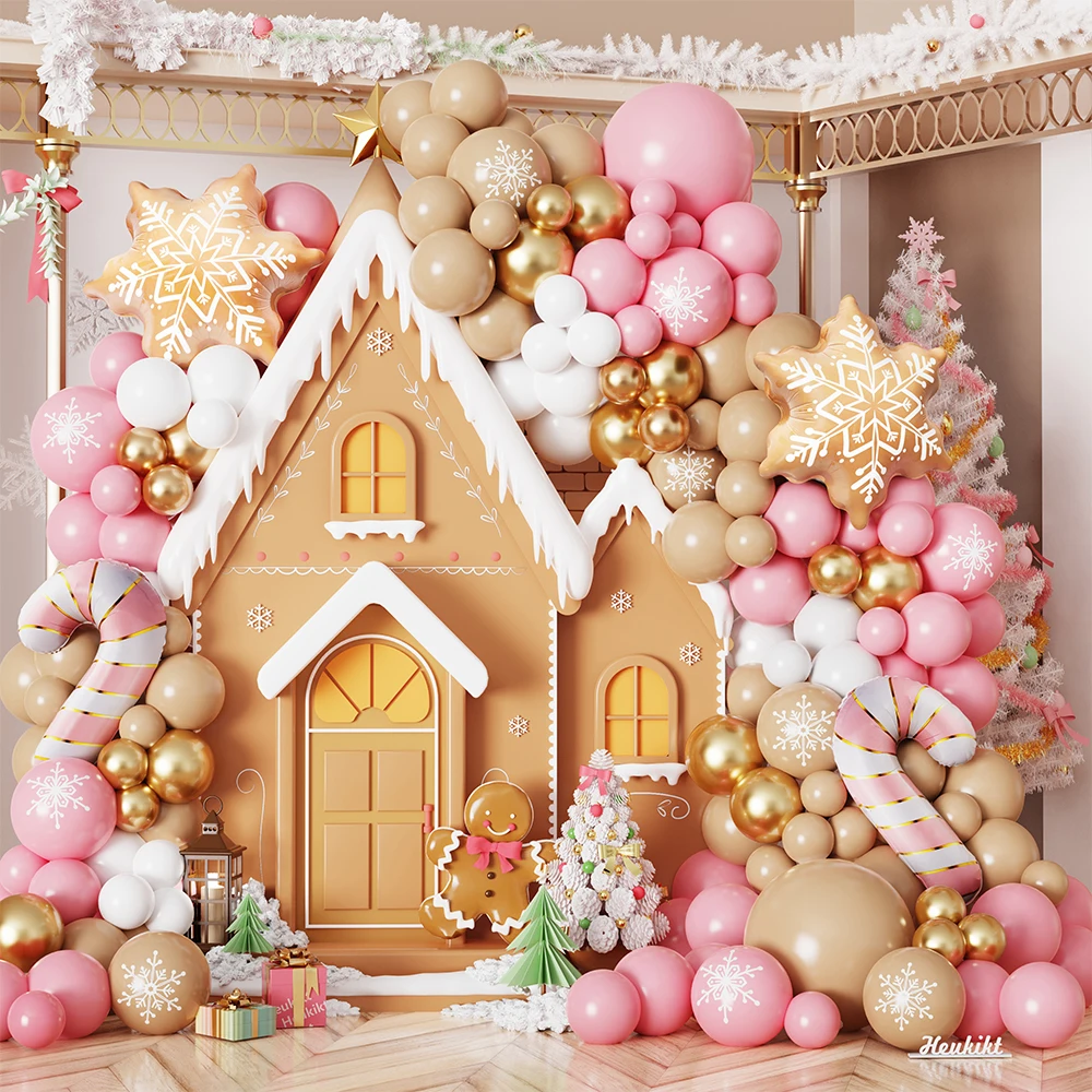 

113PCS Pink Brown Snowflake Balloon Garland Kit Snowflake Candy Cane Foil Balloon Christmas Birthday Party Baby Shower Decor