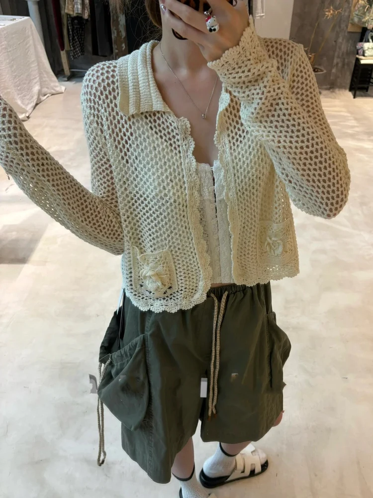 Ele European Sle Вязаный открытый кардиган с вырезом Легкий цветочный дизайн Мягкий сладкий длинный воротник све