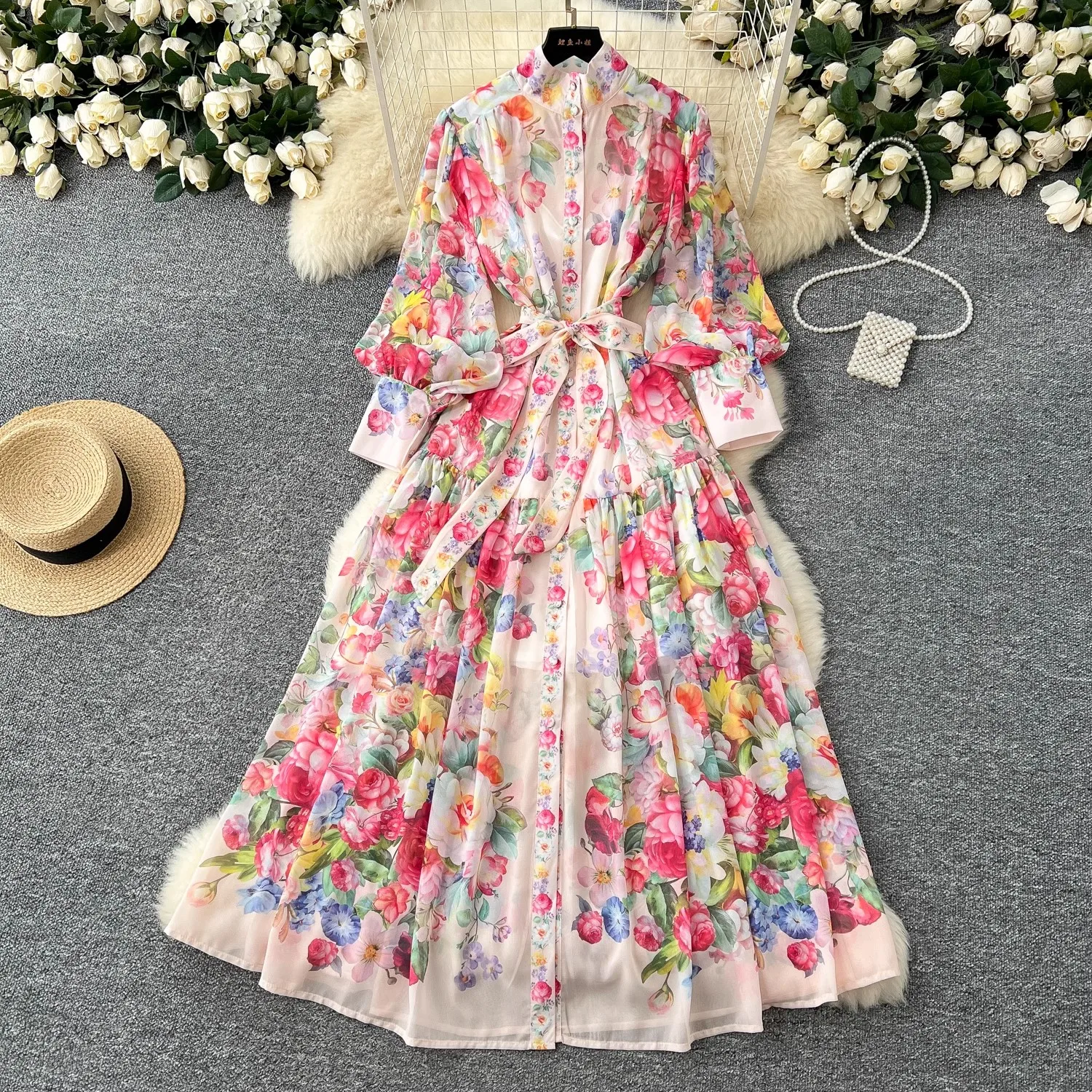 2025 Summer Holiday Chiffon Gorgeous Flower Maxi Dress Women's Stand Long Lantern Sleeve Sashes Floral Print Loose Robe Vestidos