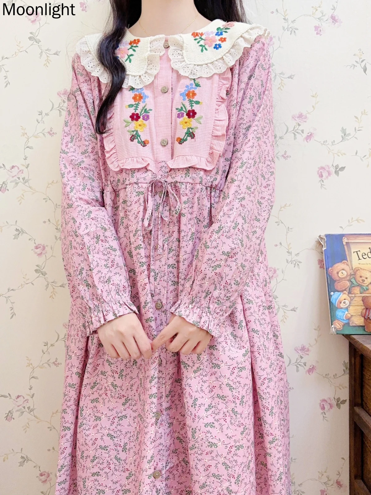 

Plaid Floral Patchwork Long Sleeve Dresses Women Vintage Knitted Embroidered Dress Japanese Mori Girl Sweet Doll Collar Vestidos