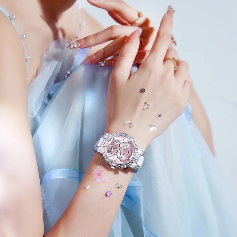 GUANQIN Luxury Women Quartz Watch Butterfly Pattern Rhinestone-Encrusted Bezel Stainless Steel Case 30M Waterproof Watches Lady