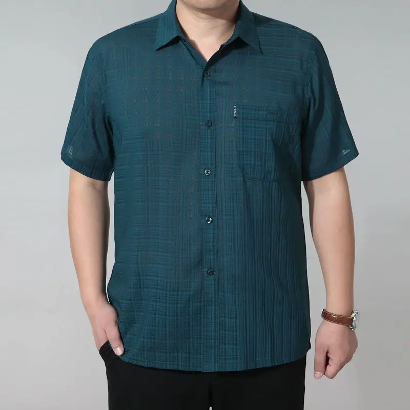 

Men's Plus Size Casual Short Sleeve Shirt Teal Textured Button Down Shirt With Chest Pocket For Daily Wear