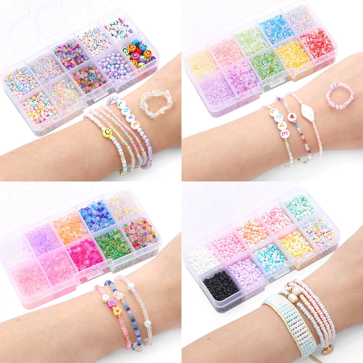 Kit Completo DIY para Joias: 10 Grades de Miçangas Arroz Misturadas 2-3mm (2200-6600 Peças) - Cores Sólidas Fosco Iridescente + Letras para Pulseiras e Colares