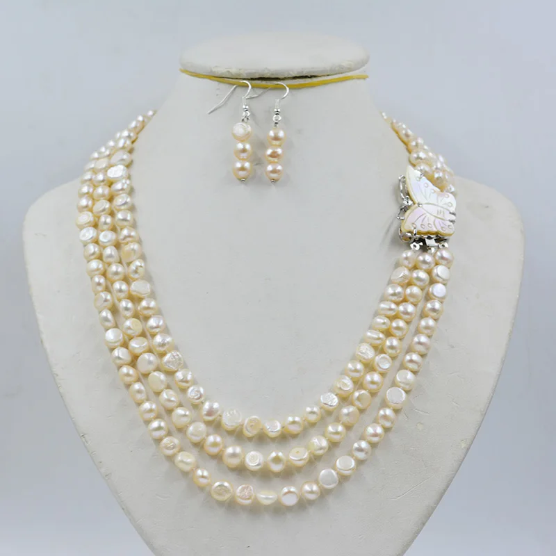 

Exquisite, 3 rows, 8MM AAANatural Pink Baroque Pearl Necklace/Earrings Set 18-22"