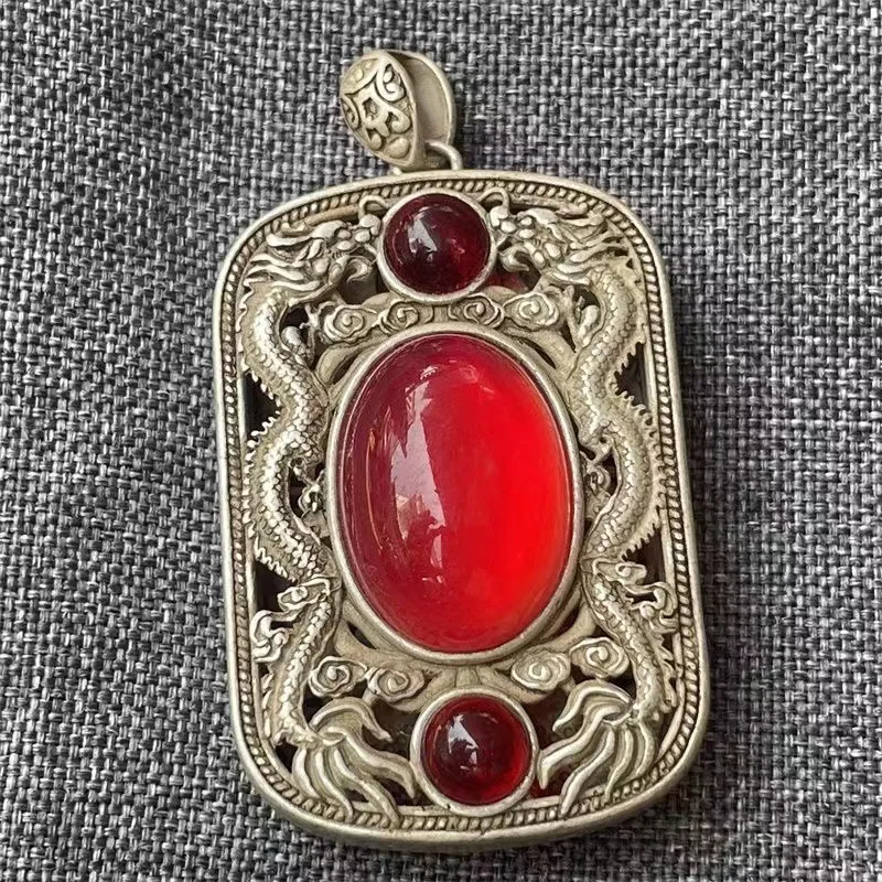 Ethnic Vintage Hollow Double Dragon Pendant Antique Silver Frame Three Red Glossy Stones Statement Neck Ornament