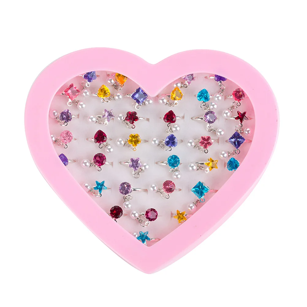 

36pcs Children's Toys Heart Pattern Diamond Rings Jewelry Girl Jewel Rings in Box Pretend Play and Dress Up Rings(Mixed Pattern)