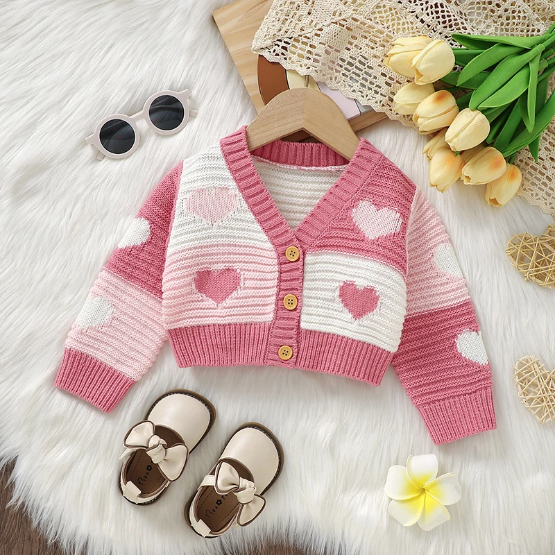 Baby-Strickjacken für Neugeborene, Mädchen, rosa Herzmuster, Pullover, Strickjacken, Herbst und Winter, lange Ärmel, Kleinkind-Kleidung, 1–3 Jahre