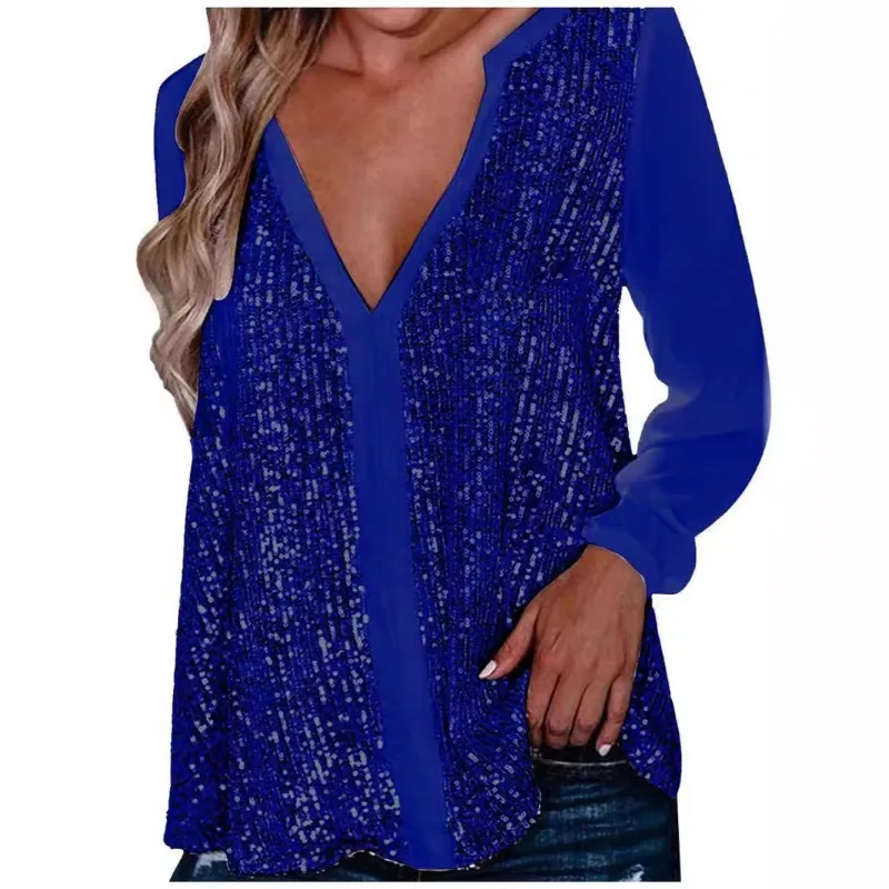 Fashion V-neck Sexy Sequins Shirts Women Long Sleeve Tops Party Shiny Blouse Pullover Loose Spring Summer Tops Mujer New