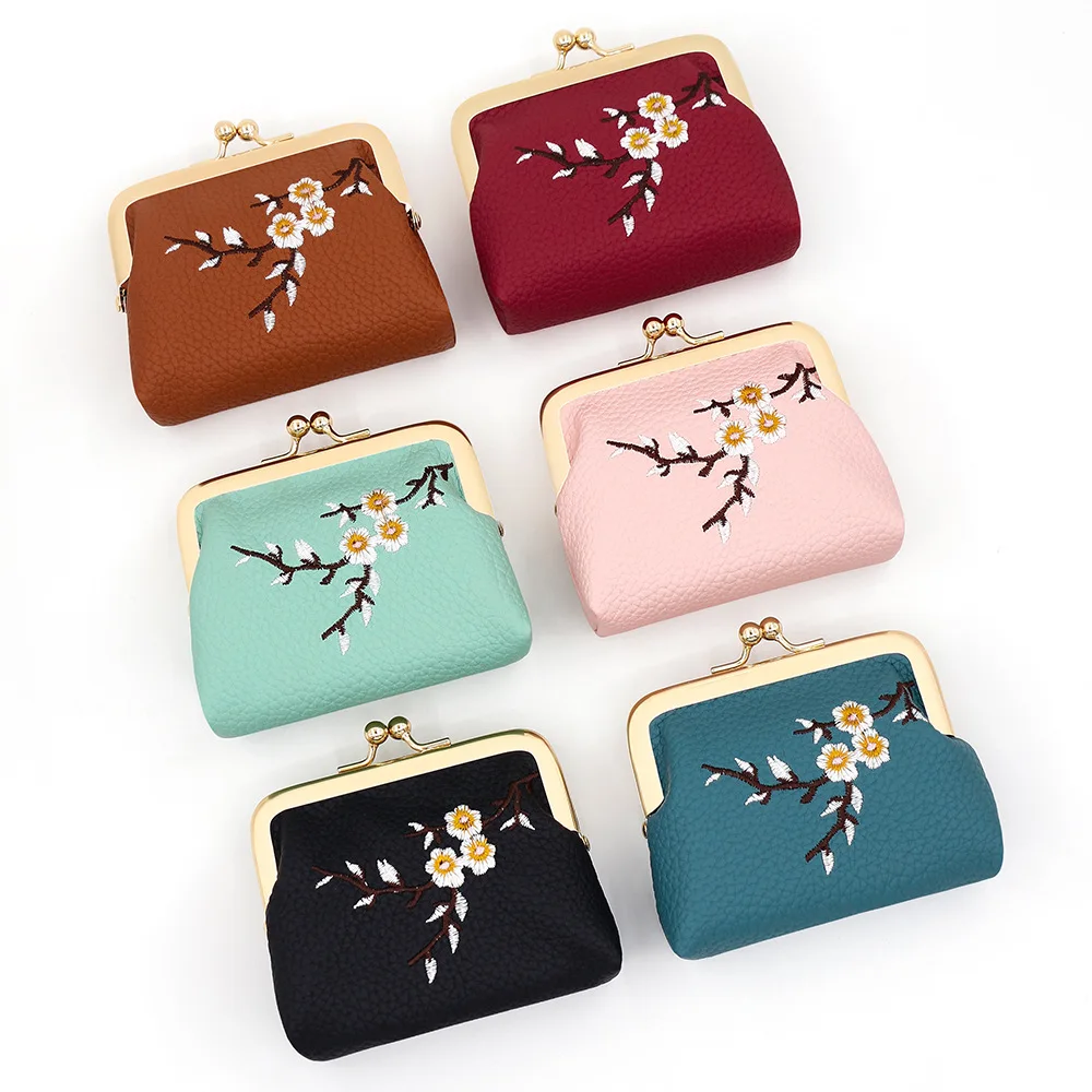 Literary plum blossom embroidery portable mini wallet, women's clutch bag, cosmetic bag, multi-functional student change bag