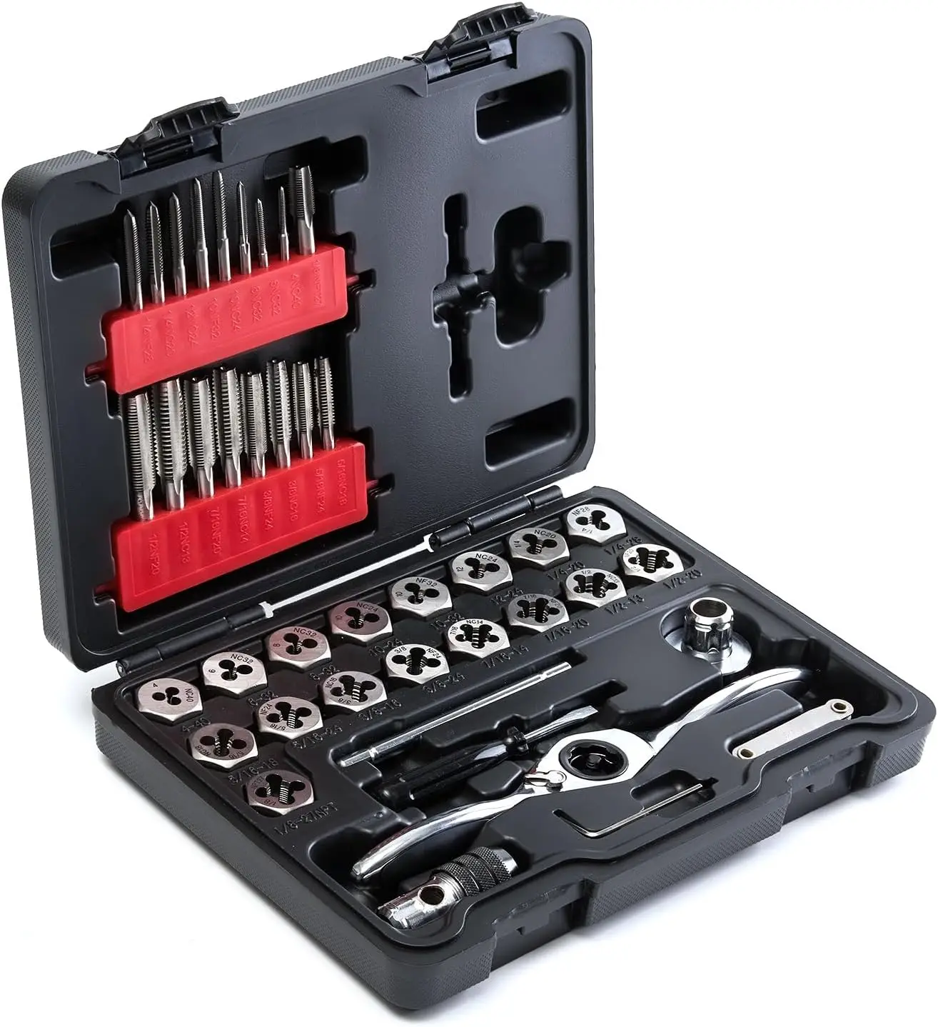 

Complete SAE Tap and Die Set, 41-Piece Ratcheting Kit with Handle, UNC/UNF/NPT Sizes #4 to 1/2", Plastic Case
