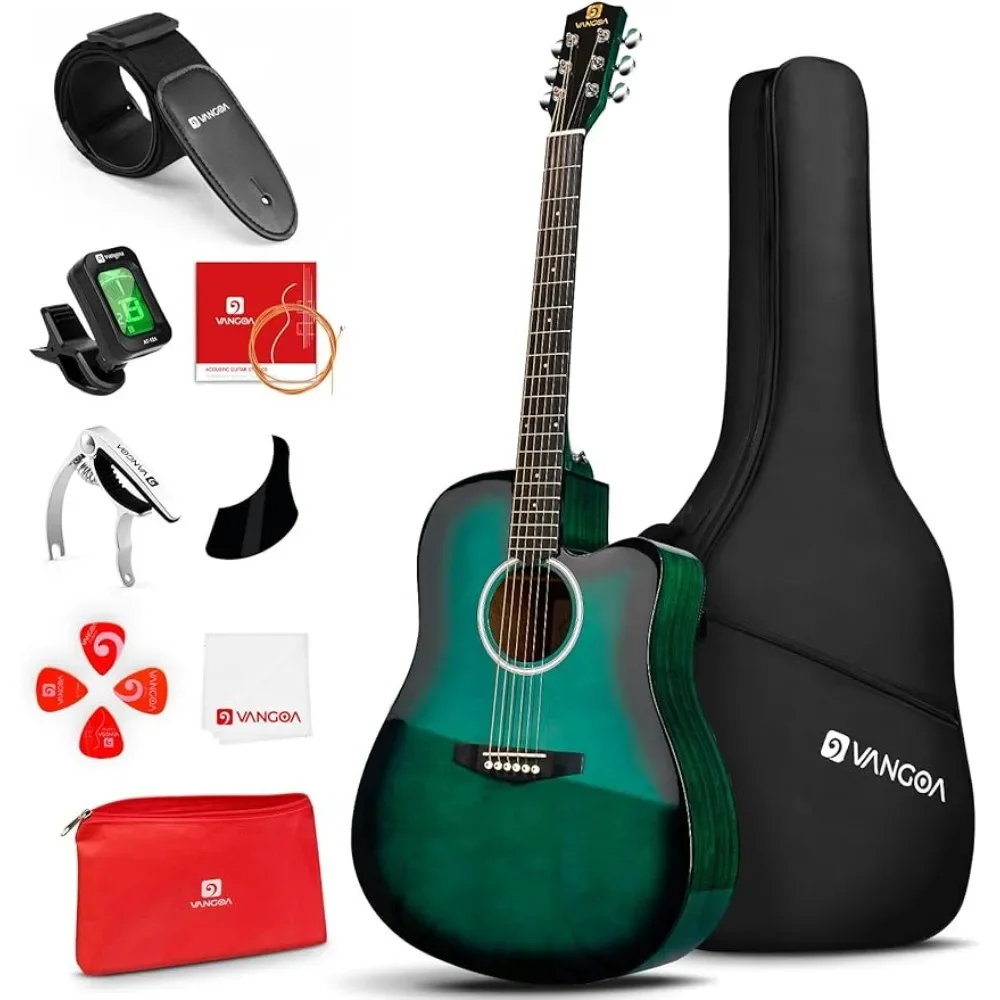 41 inch Full Size Cutaway Acoustic Guitar Kit with Padded Case Tuner Strap Picks Capo Extra Strings for Beginners Freight free