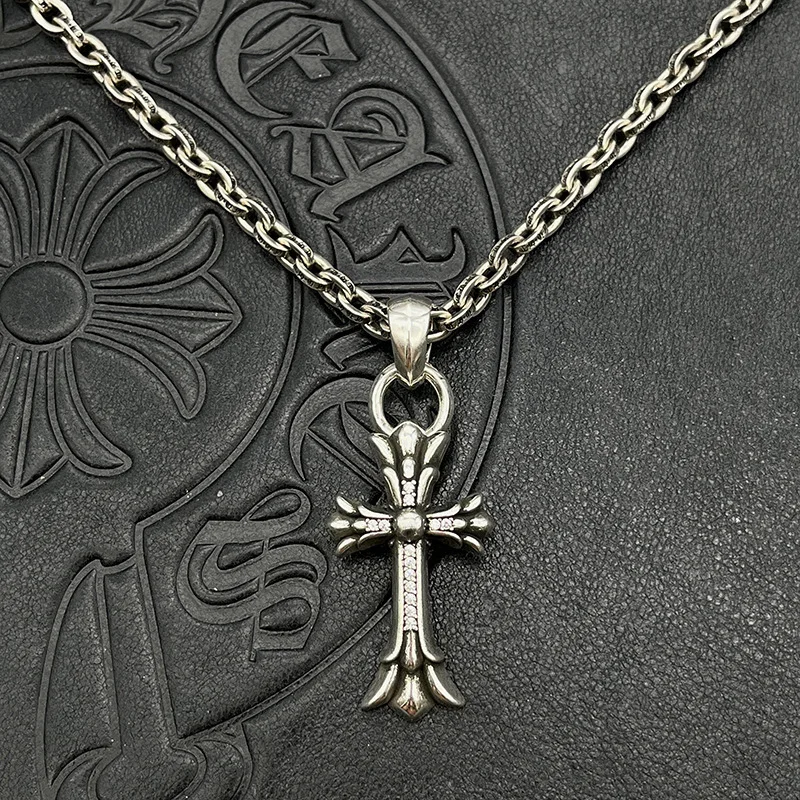 

S925 Sterling Silver Punk Hip Hop Medium Double Layer Double Ring Diamond Cross Vintage Sweater Chain Premium Autumn and Winter