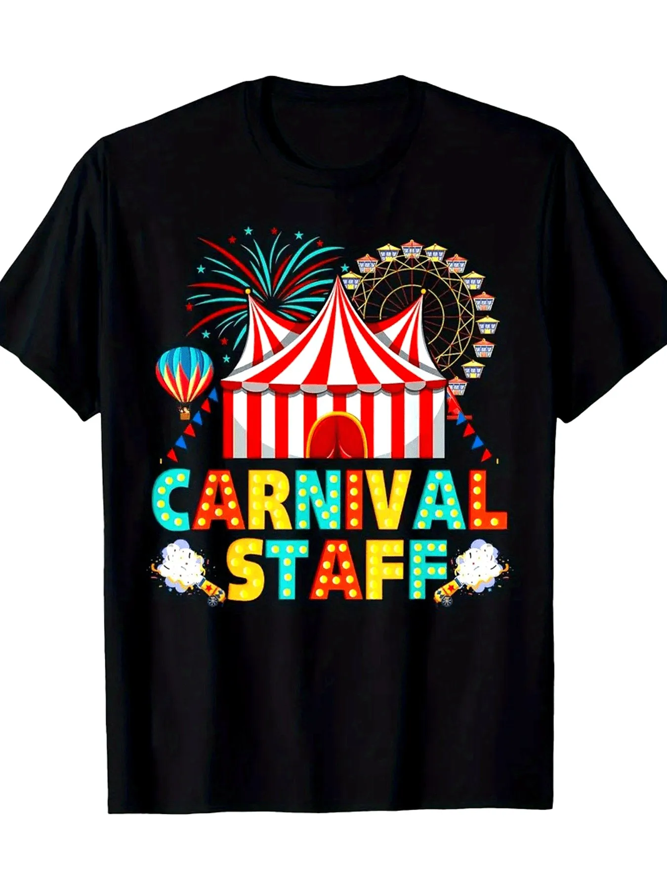 

1 Piece Carnival Staff Graphic T-Shirt, 100% Cotton Crew Neck T-Shirt, Breathable Moisture-Wicking Fabric, Heat Transfer Printed Casual Shirt, Unisex, Sizes 4~80, for Teenagers and Adults