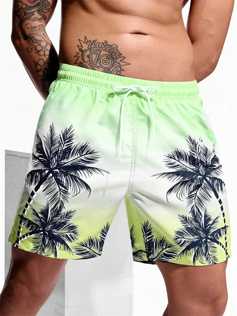 

Summer New Vacation Men's Palm Tree Print Drawstring Waist Board Shorts Fashion Swim Trunks 3D Print Breathable Short Streetwear