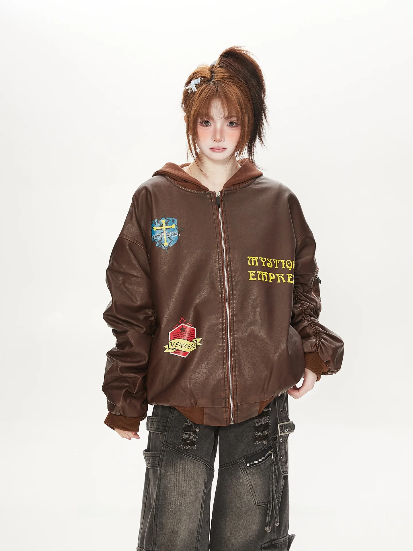 

Retro American Bae Print Pleated Design Hooded Pilot Jaet Women's Loose PU Leather Coat Spring Autumn Faionable